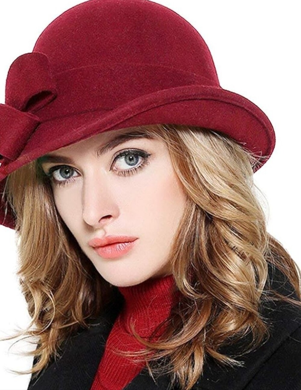 New With Tags Bellady 100% Wool  Dark Red Felt Bow Cloche Hat Adjustable